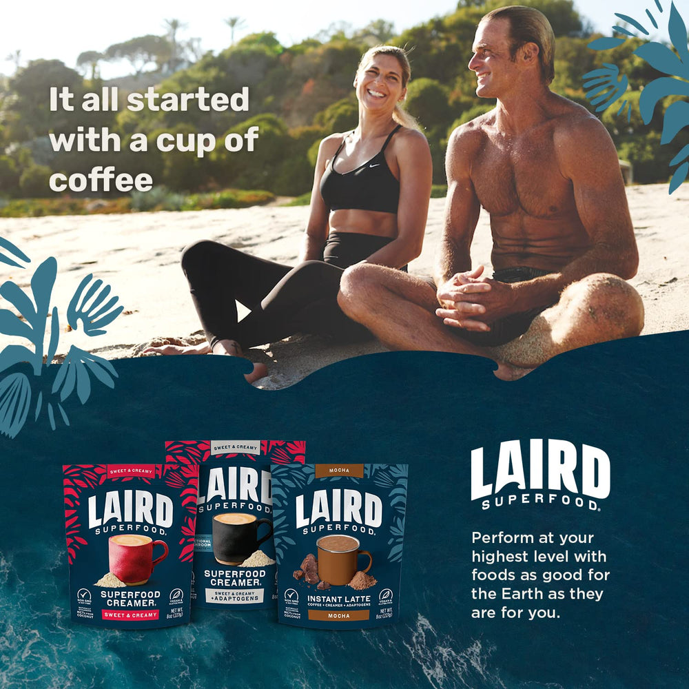 Laird Superfood in a breakfast scene with mug and fruit conveying everyday lifestyle use