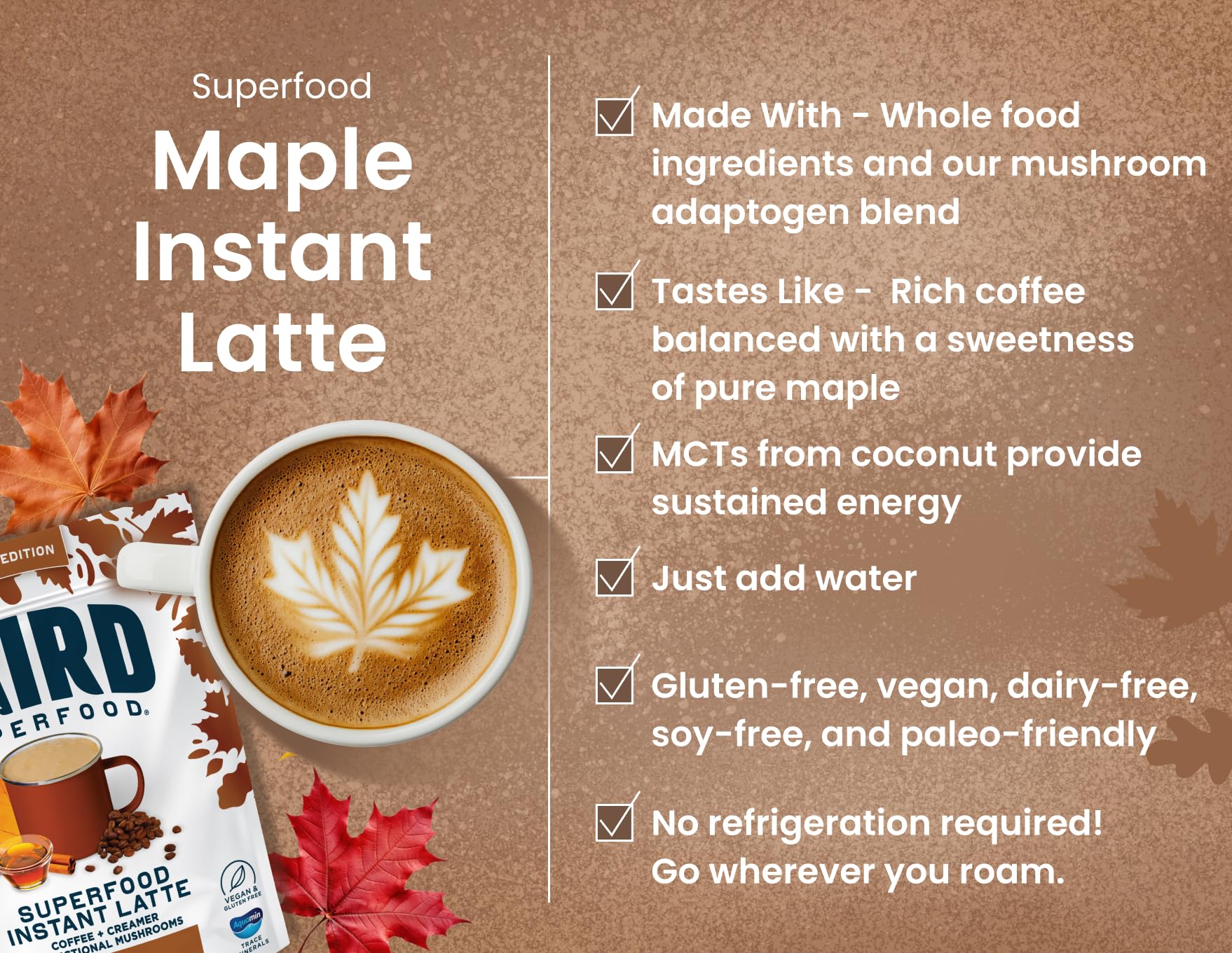 Laird Superfood maple latte in mug on table illustrating comforting café-style convenience