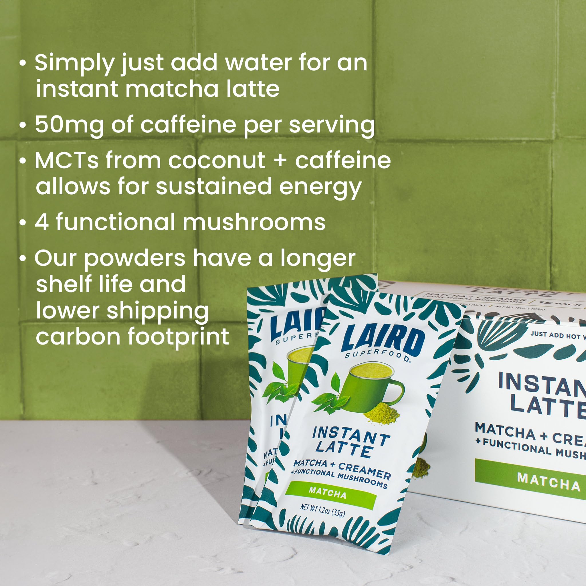 Laird Superfood sachets on table arranged to show travel-ready servings and consistent portions