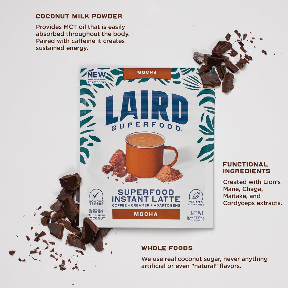 Go-bottle being shaken with Laird Superfood mocha inside illustrating portable frothing and on-the-go convenience
