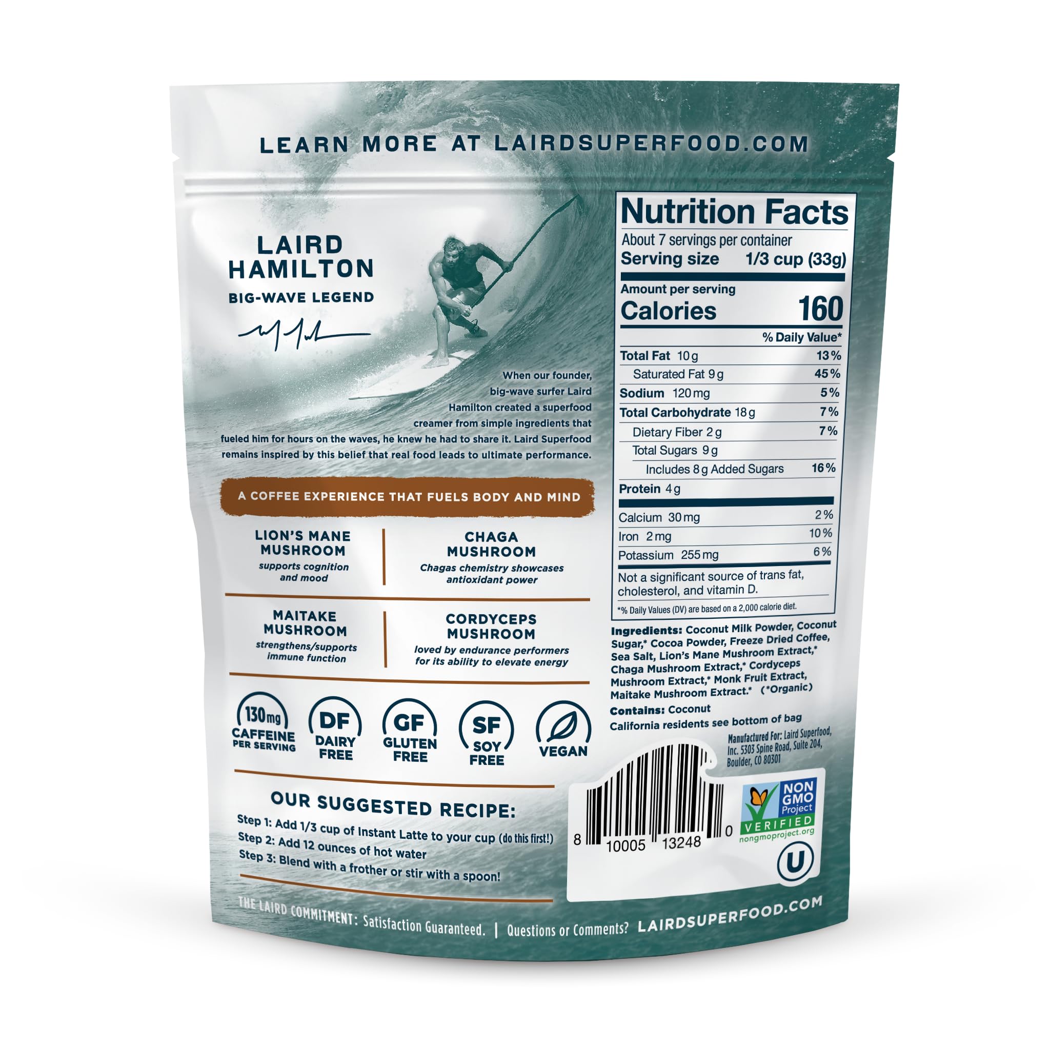 Laird Superfood open pouch with powder spilling to show fine texture and easy scoopability for quick preparation
