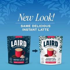 pouring Laird Superfood Instant Latte into mug demonstrating quick preparation benefit