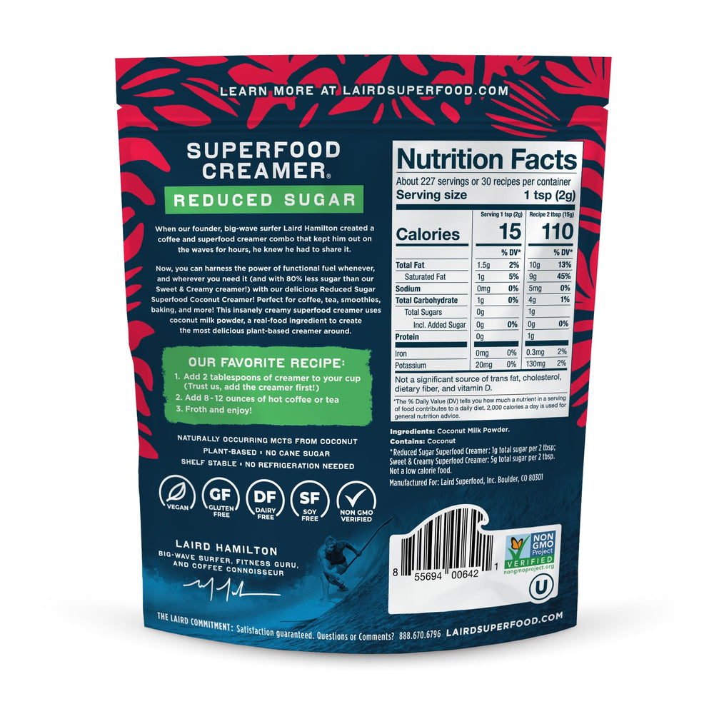 Laird Superfood powder close-up showing fine coconut texture for smooth coffee creaming