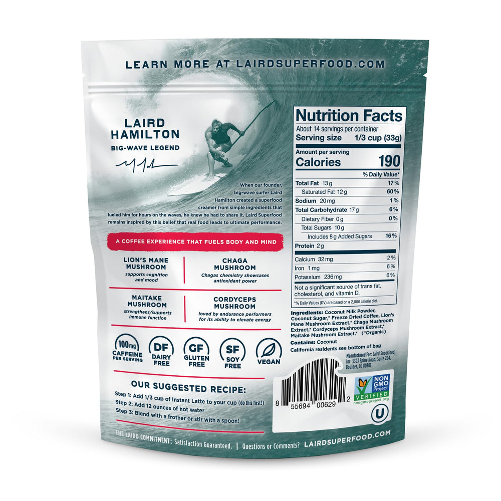 close-up of Laird Superfood powder texture revealing creamy coconut-based instant blend