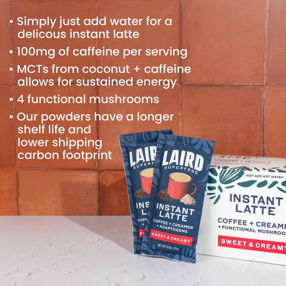 Laird Superfood sachet beside travel mug illustrating easy on-the-go use