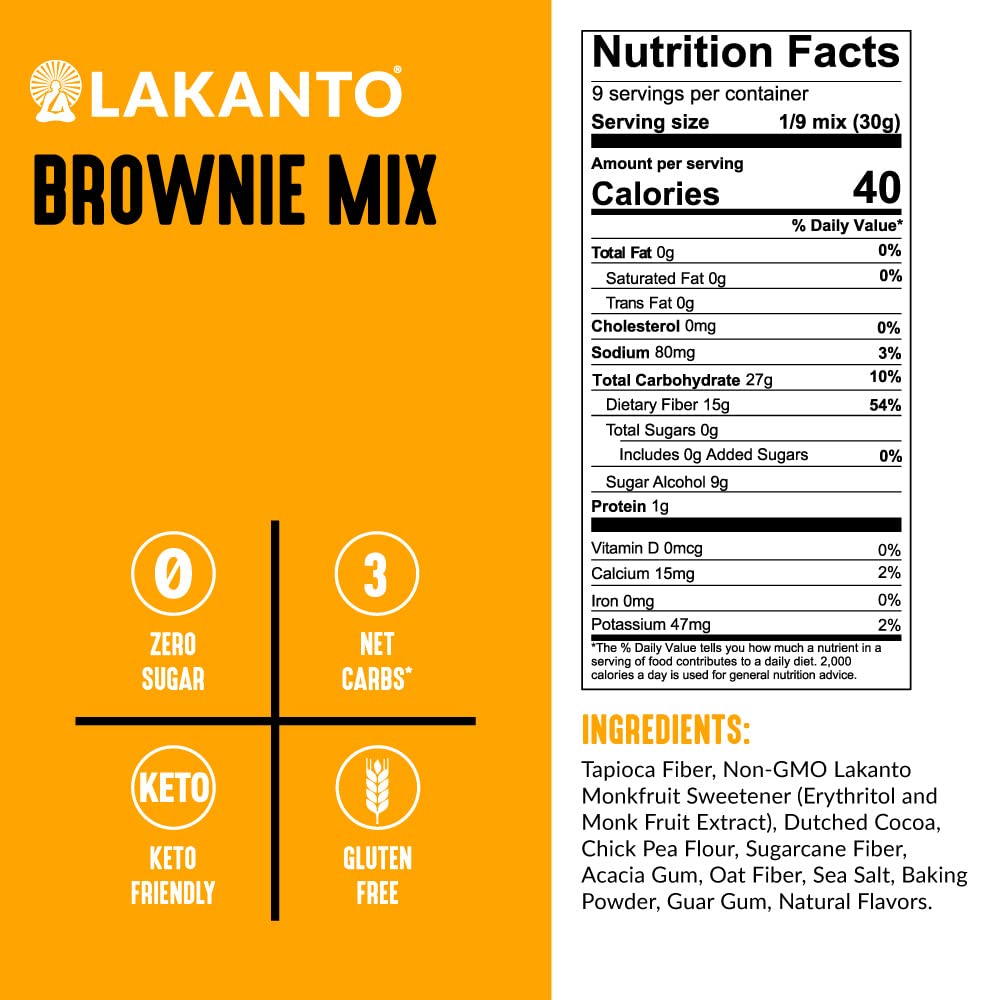 Mixing bowl with Lakanto brownie batter being stirred, brand shown and quick-prep benefit