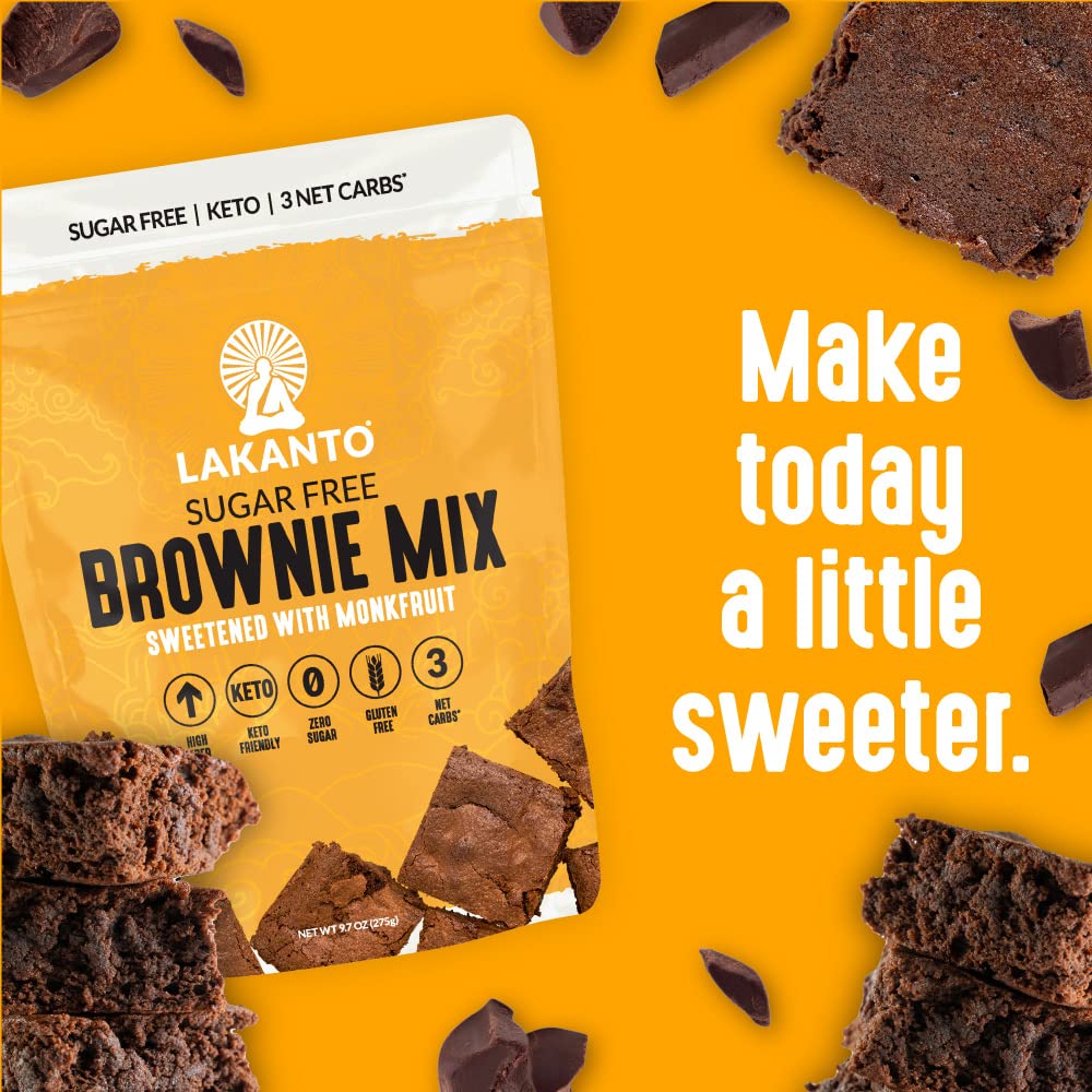 Lifestyle kitchen scene with Lakanto mix and baked brownies, portrays easy home baking