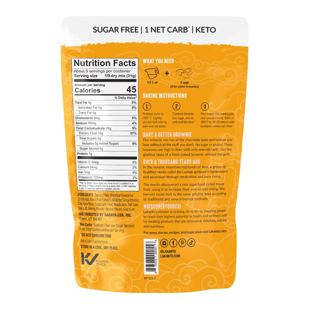 Open Lakanto brownie mix pouch with powder spilling, illustrating simple three-ingredient prep