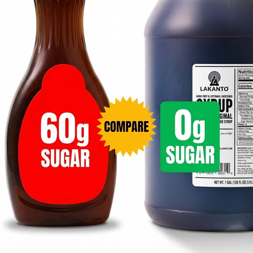 NYCPI & GA Lakanto bulk bottle next to a glass to show scale and value benefit
