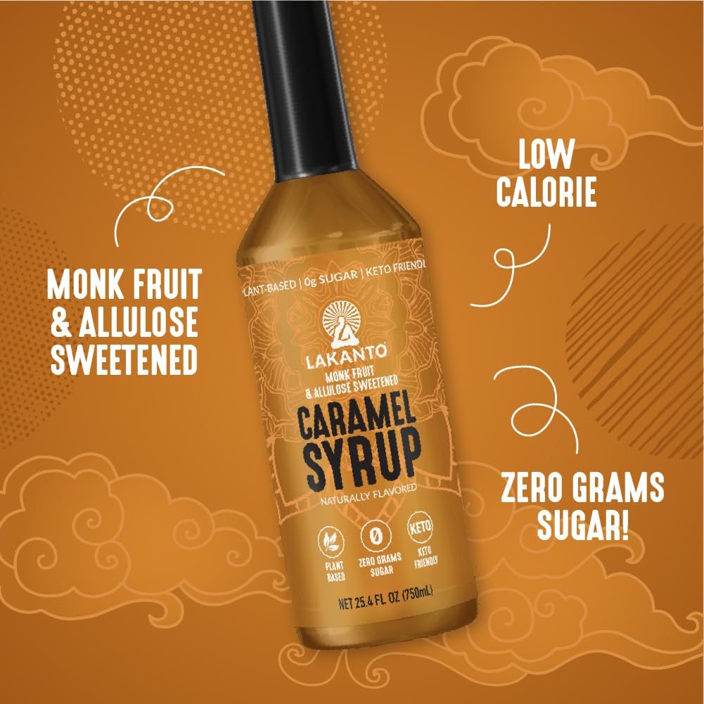 Caramel syrup added to coffee showing Lakanto enhances flavor without sugar