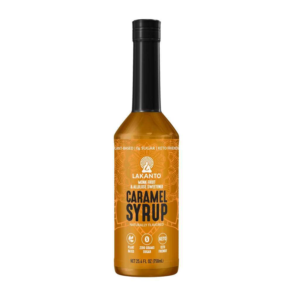 Lakanto front packaging showing caramel syrup and branding benefit of sugar-free flavor