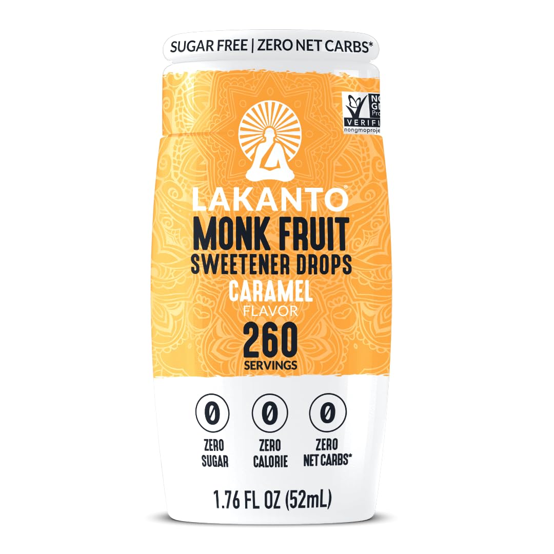 Lakanto caramel front packaging showing bottle and label for easy identification and convenience