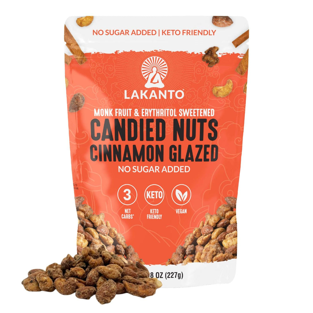 Lakanto front packaging showing cinnamon glazed nuts and benefits