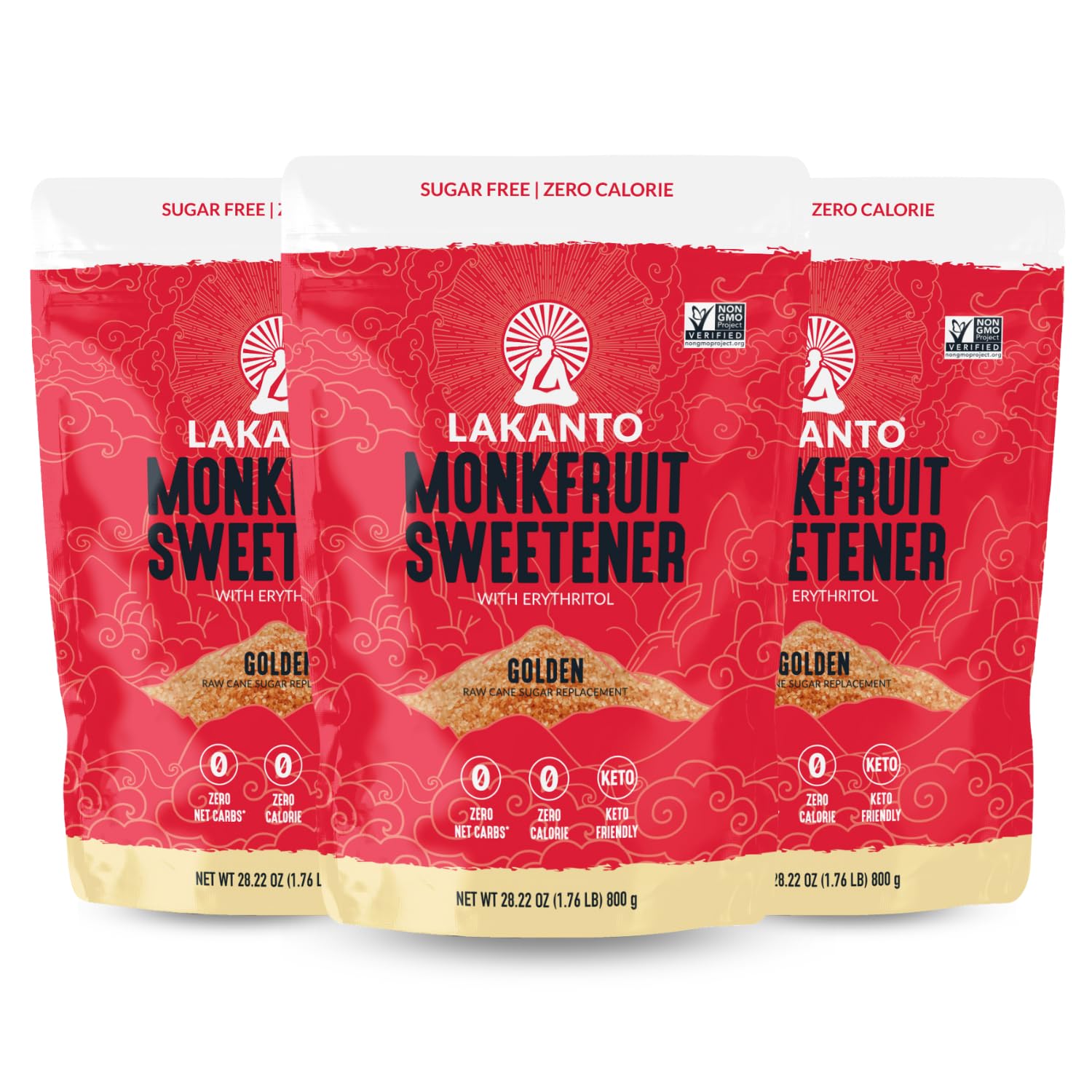 Lakanto front packaging showing three-bag value pack and product branding benefit convenience