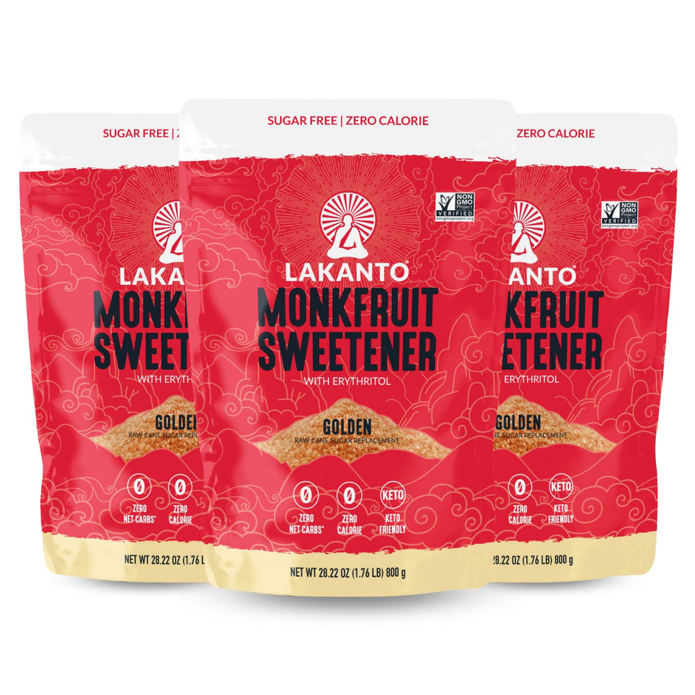 Lakanto front packaging showing three-bag value pack and product branding benefit convenience
