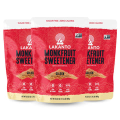 Lakanto front packaging showing three-bag value pack and product branding benefit convenience