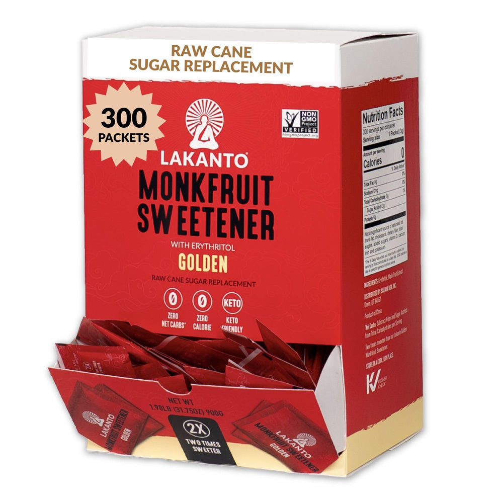 Lakanto golden front view of packet box showing travel-ready sweetener benefits