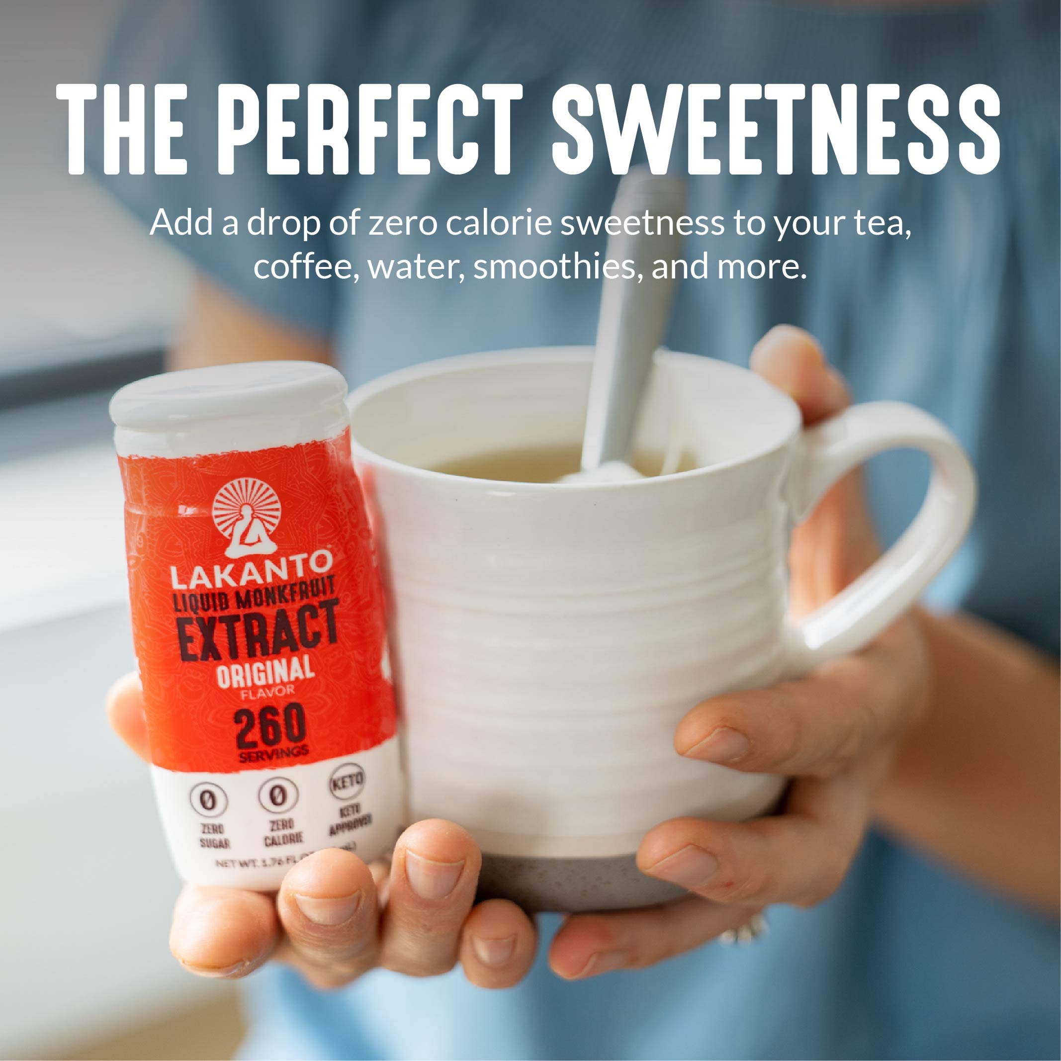 dropper dispensing Lakanto drops into a mug for precise no-sugar sweetness benefit
