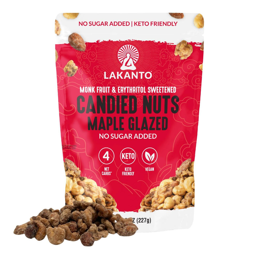 Lakanto front packaging showing maple glazed nuts and keto benefit