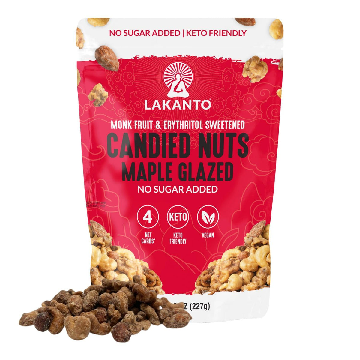 Lakanto front packaging showing maple glazed nuts and keto benefit
