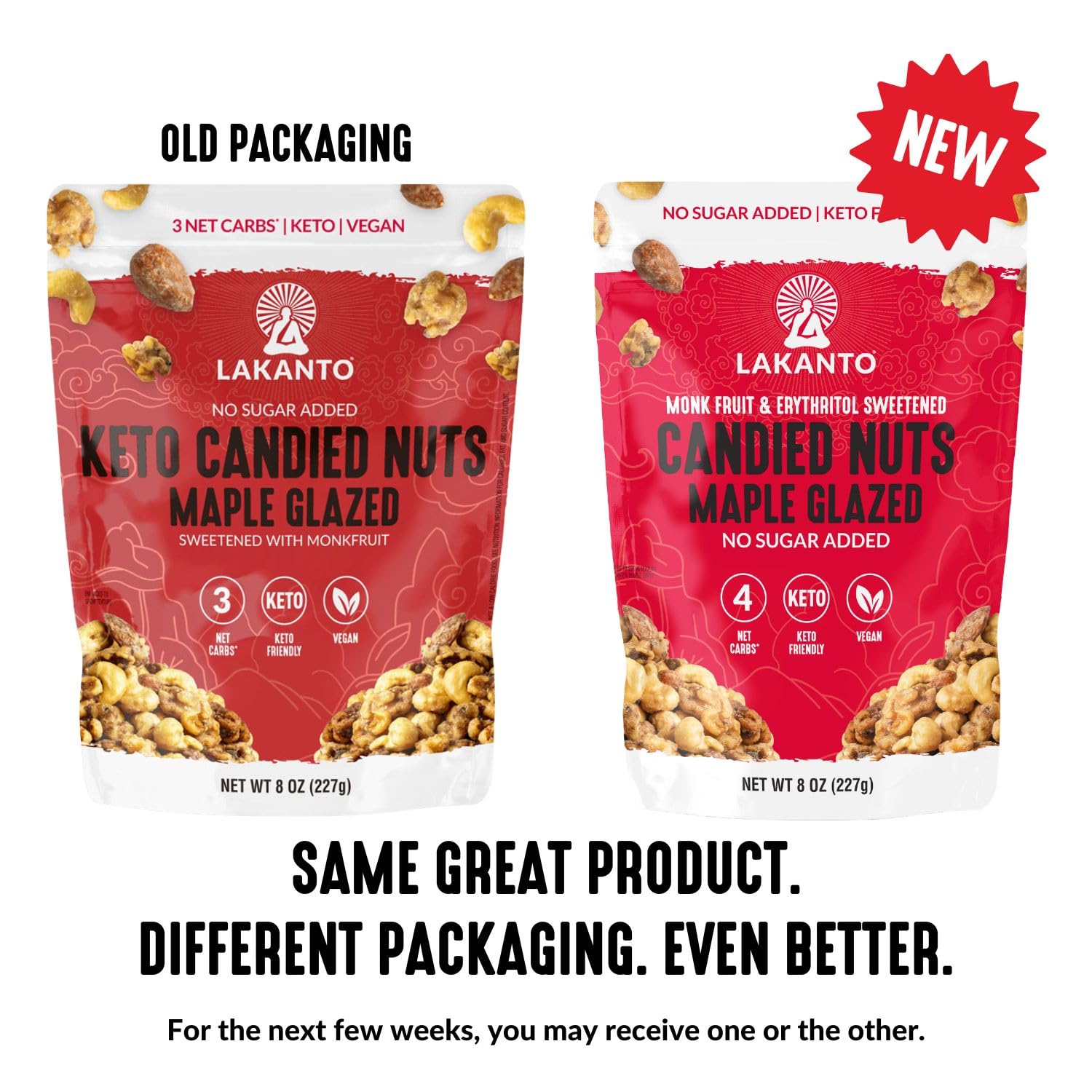 Lakanto ingredient label visible showing monk fruit and no added sugar