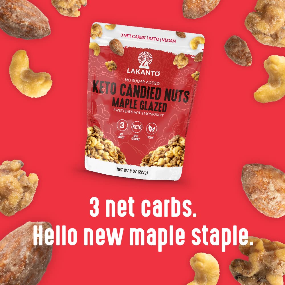 Lakanto nuts in a bowl showing crunchy texture and portable snack benefit