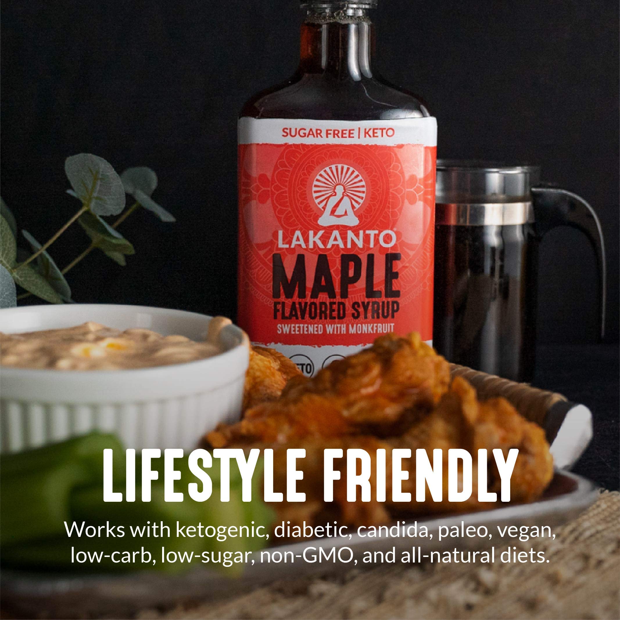 Bottle beside measuring tape showing Lakanto syrup 26 fl oz size advantage