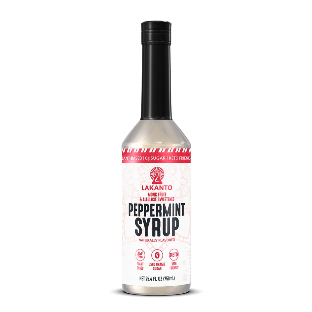 Lakanto peppermint bottle front showing label and zero sugar benefit