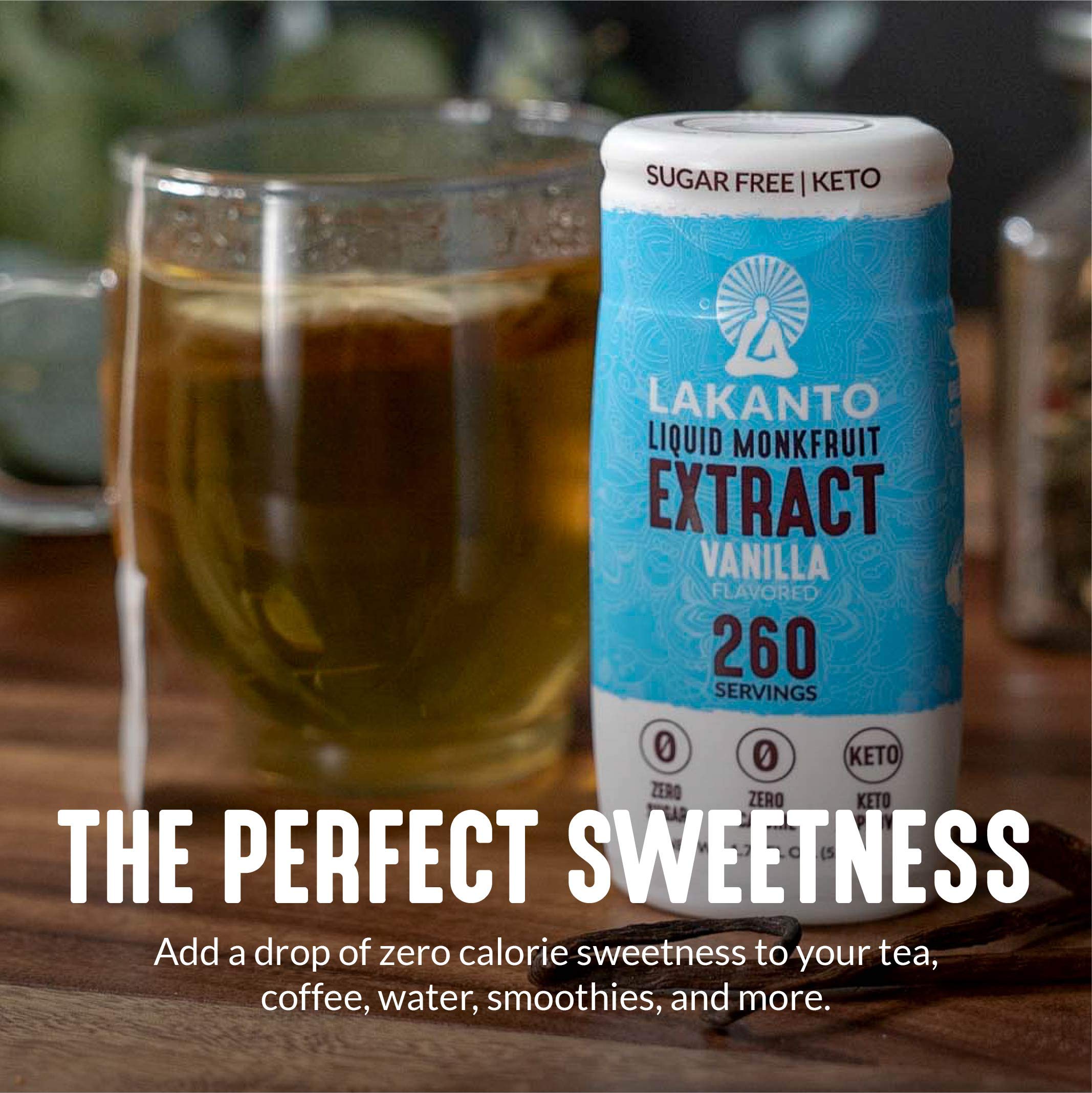 Lakanto bottle label close-up showing vanilla flavor and clean formula