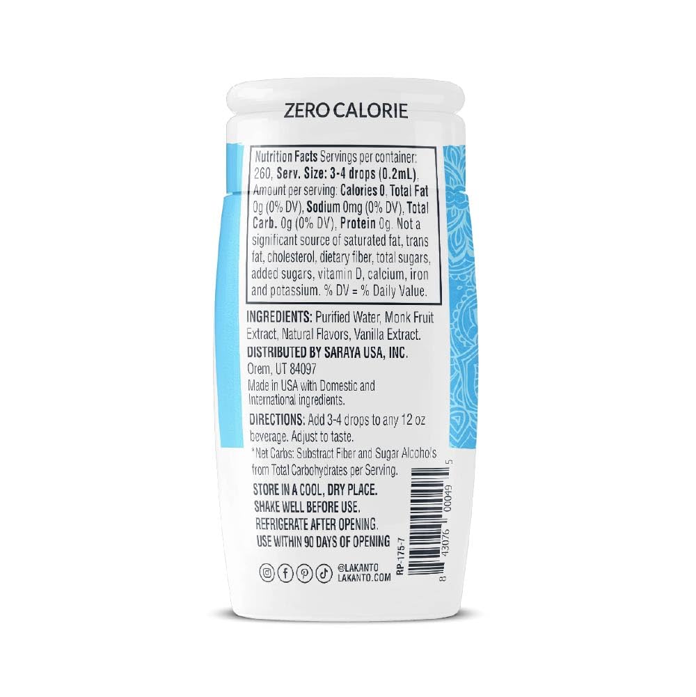Lakanto vanilla drops open bottle with dropper highlighting easy dosing