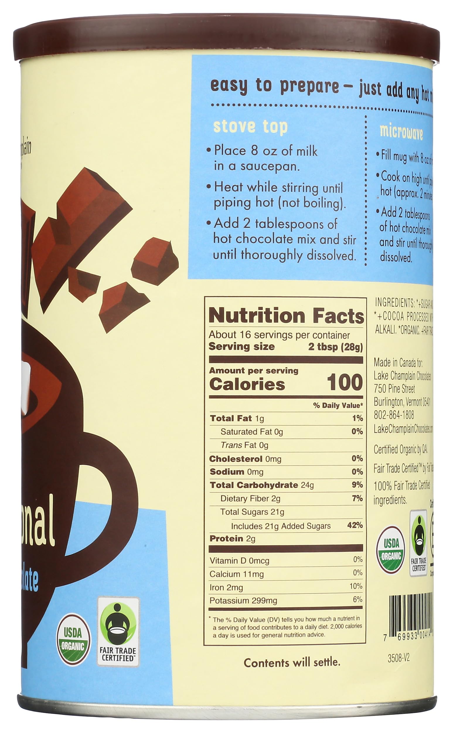 Lake Champlain Chocolates tin next to tablespoon for scale, indicates portion yields per container