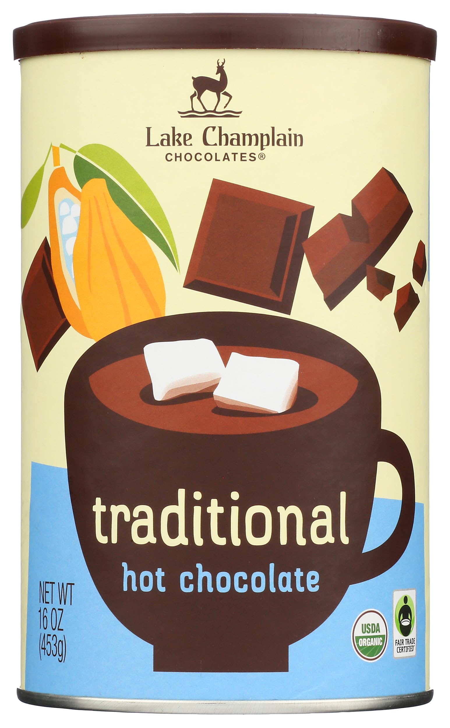 Lake Champlain Chocolates front tin showing product branding and organic label, highlights authenticity
