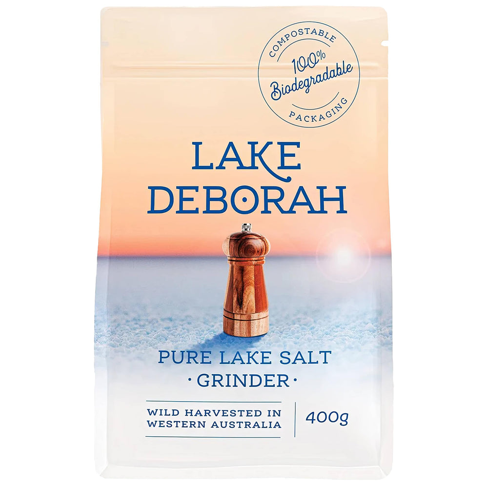 Lake Deborah front packaging showing grinder and natural branding for clean seasoning