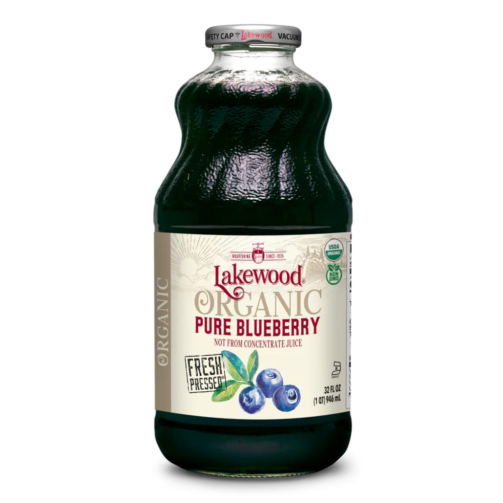 Lakewood blueberry juice front label showing pure organic ingredient and clarity