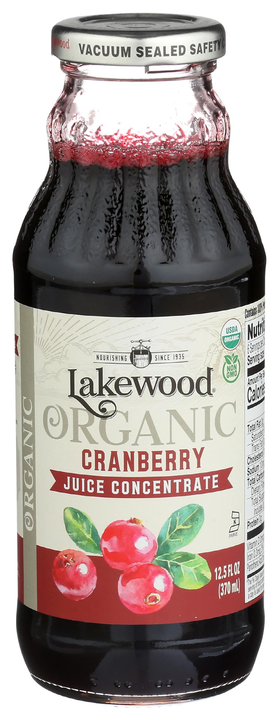 Lakewood bottle front showing organic cranberry concentrate, easy identification