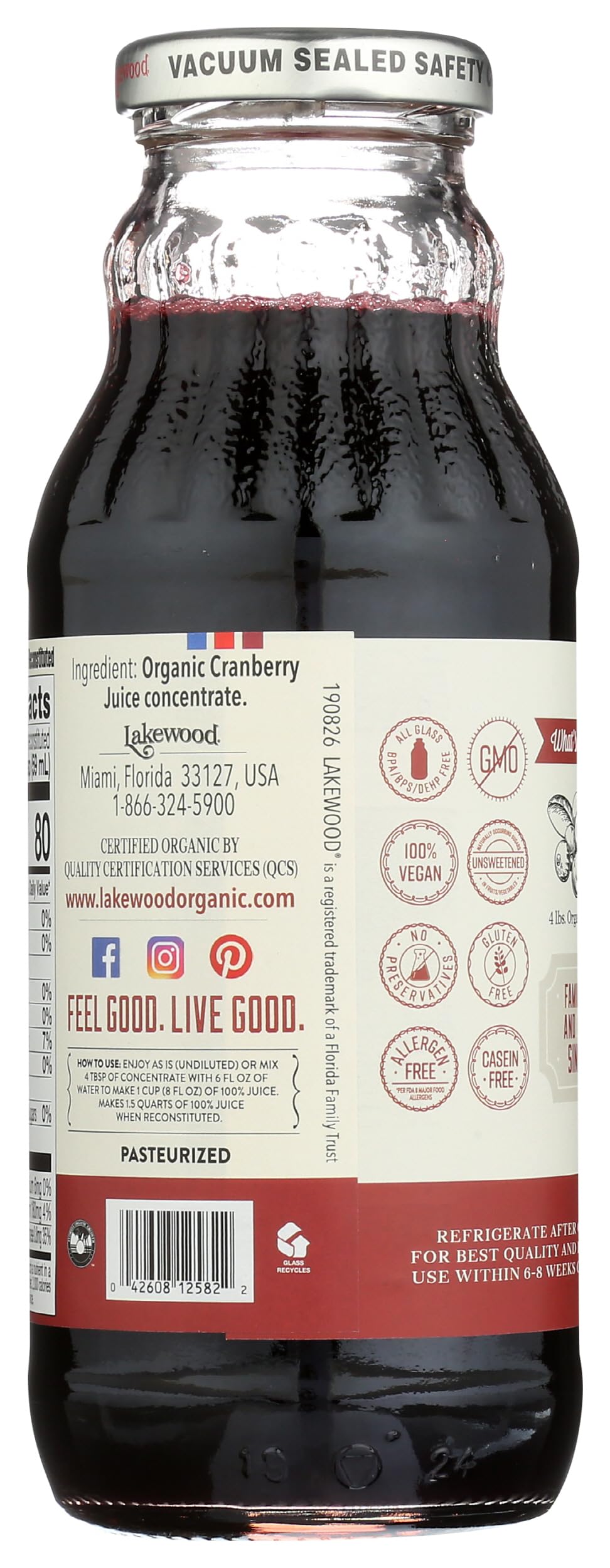 Lakewood label close-up highlighting USDA organic and non-GMO benefits