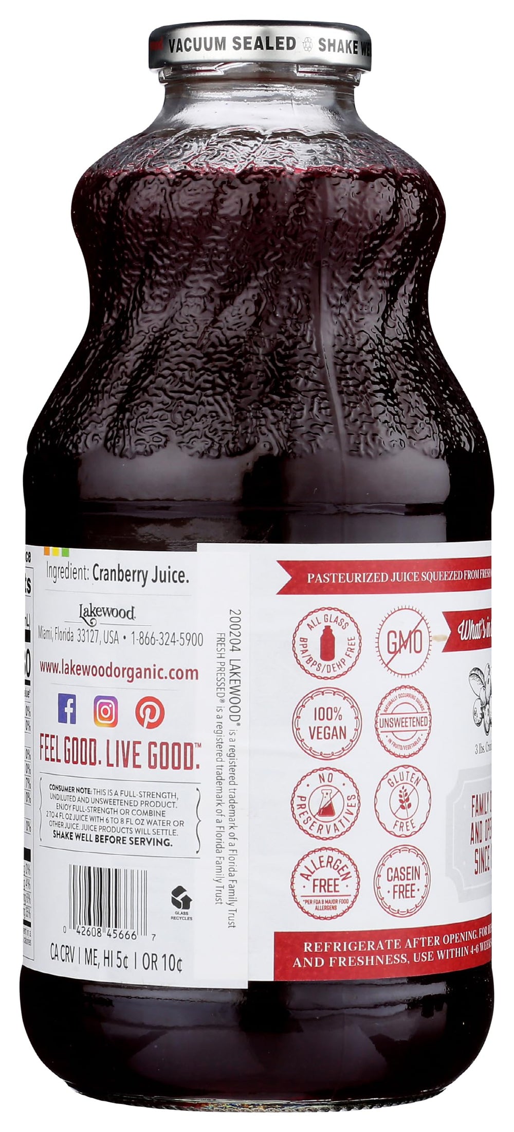Lakewood glass bottle close-up highlighting glass material and purity benefit