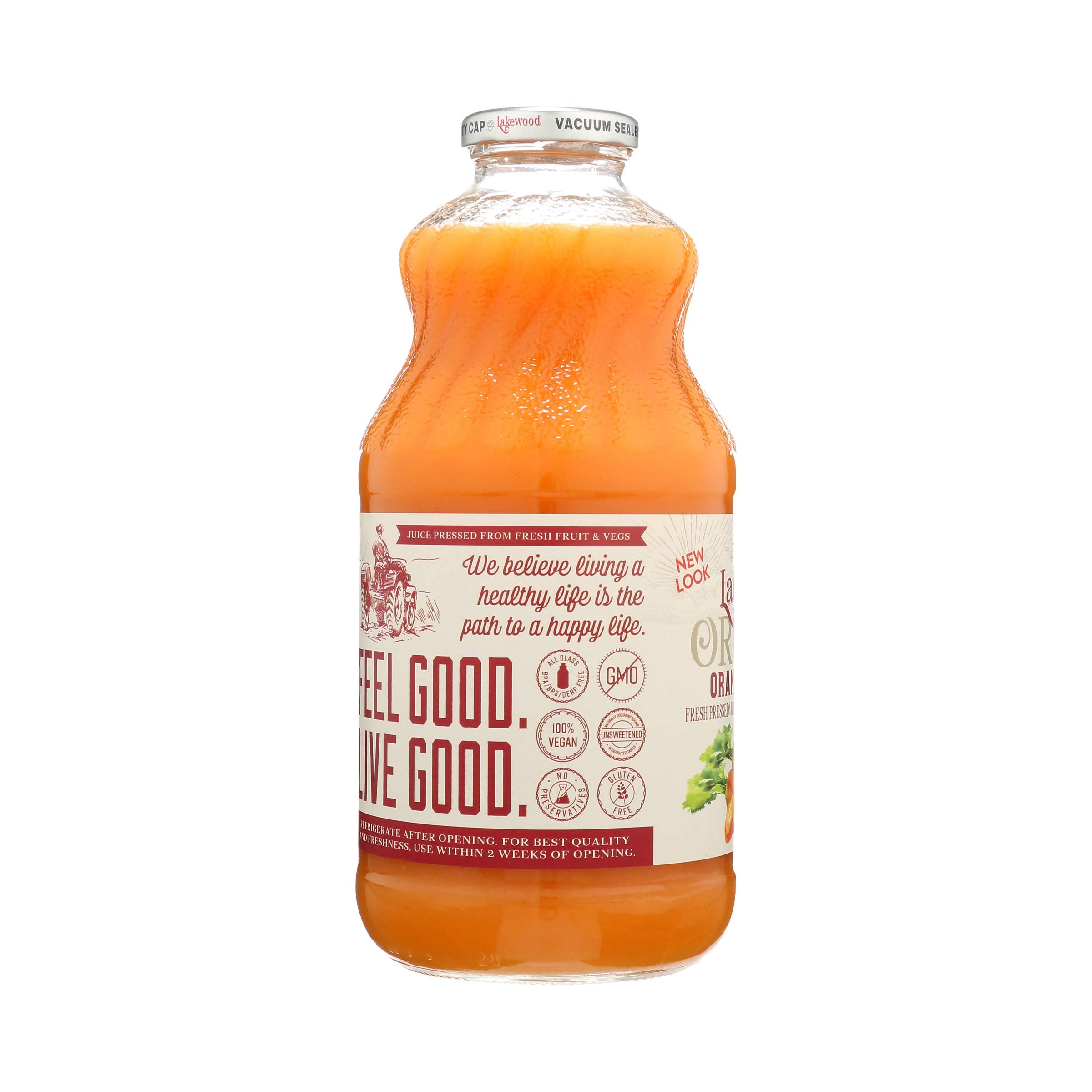 Lakewood ingredient list view emphasizing organic orange and carrot composition benefit