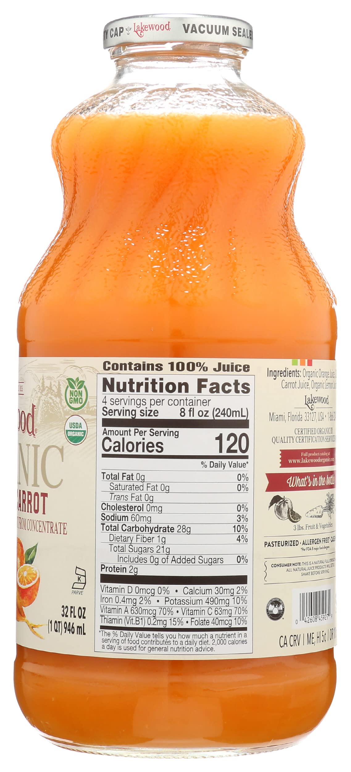 Lakewood bottle next to a measuring cup showing 32 fl oz scale and portioning benefit