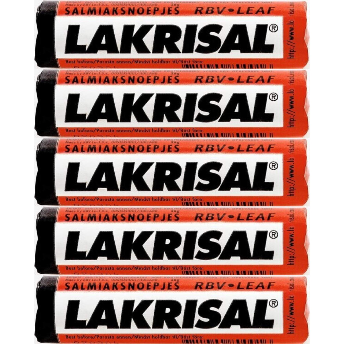 Lakrisal front packaging showing ten individually wrapped licorice rolls, easy sharing