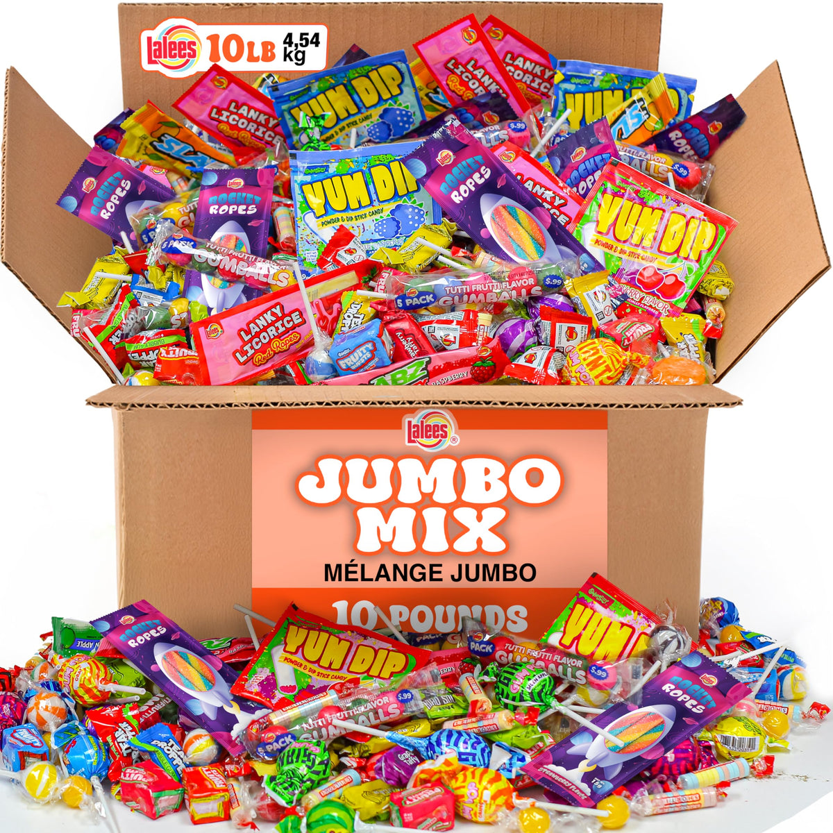 Lalees front bag display showing colorful 10 lb bulk mix and clear brand visibility for events