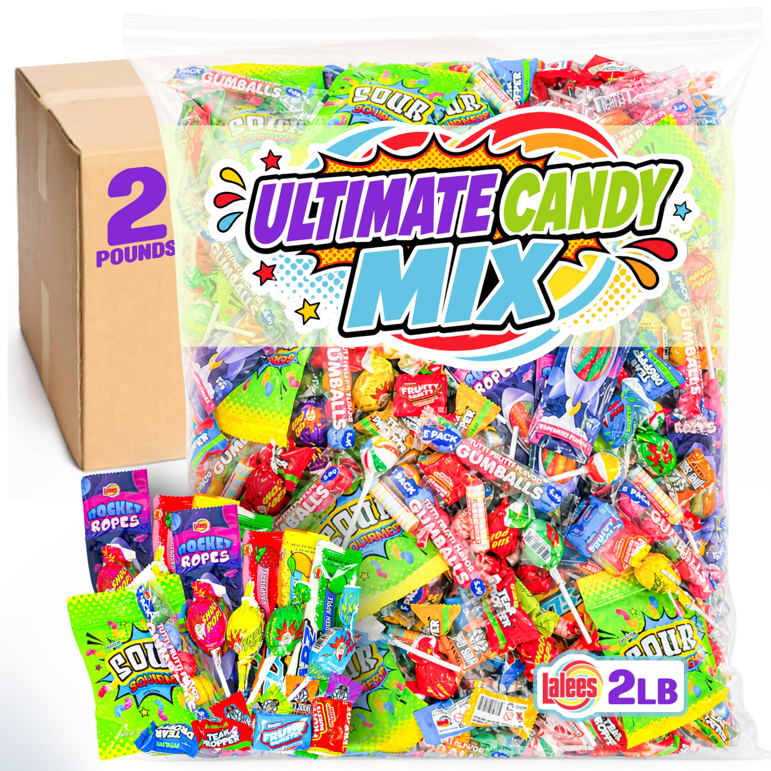 Lalees front packaging showing 2 lb resealable bag and colorful candies for easy storage