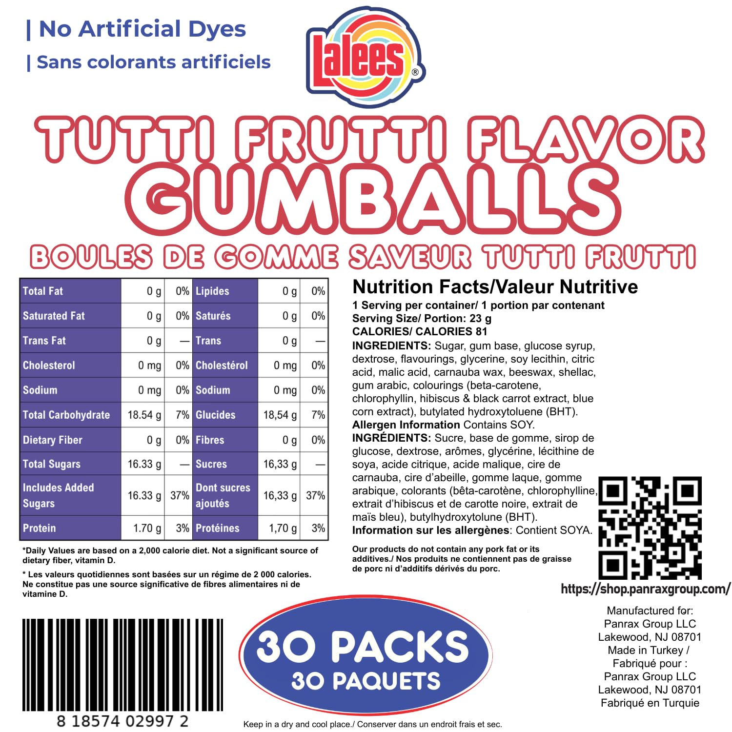 Lalees product label and ingredients panel highlighting no artificial dyes