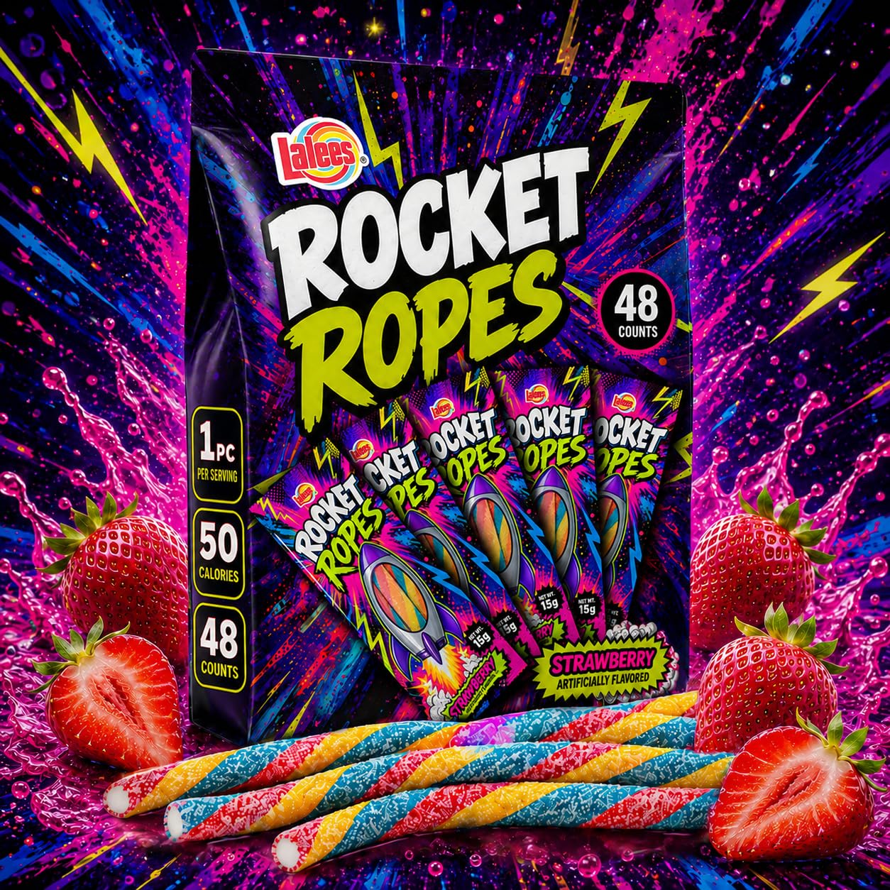 Lalees Rocket Ropes cross-section revealing rainbow candy core for surprise