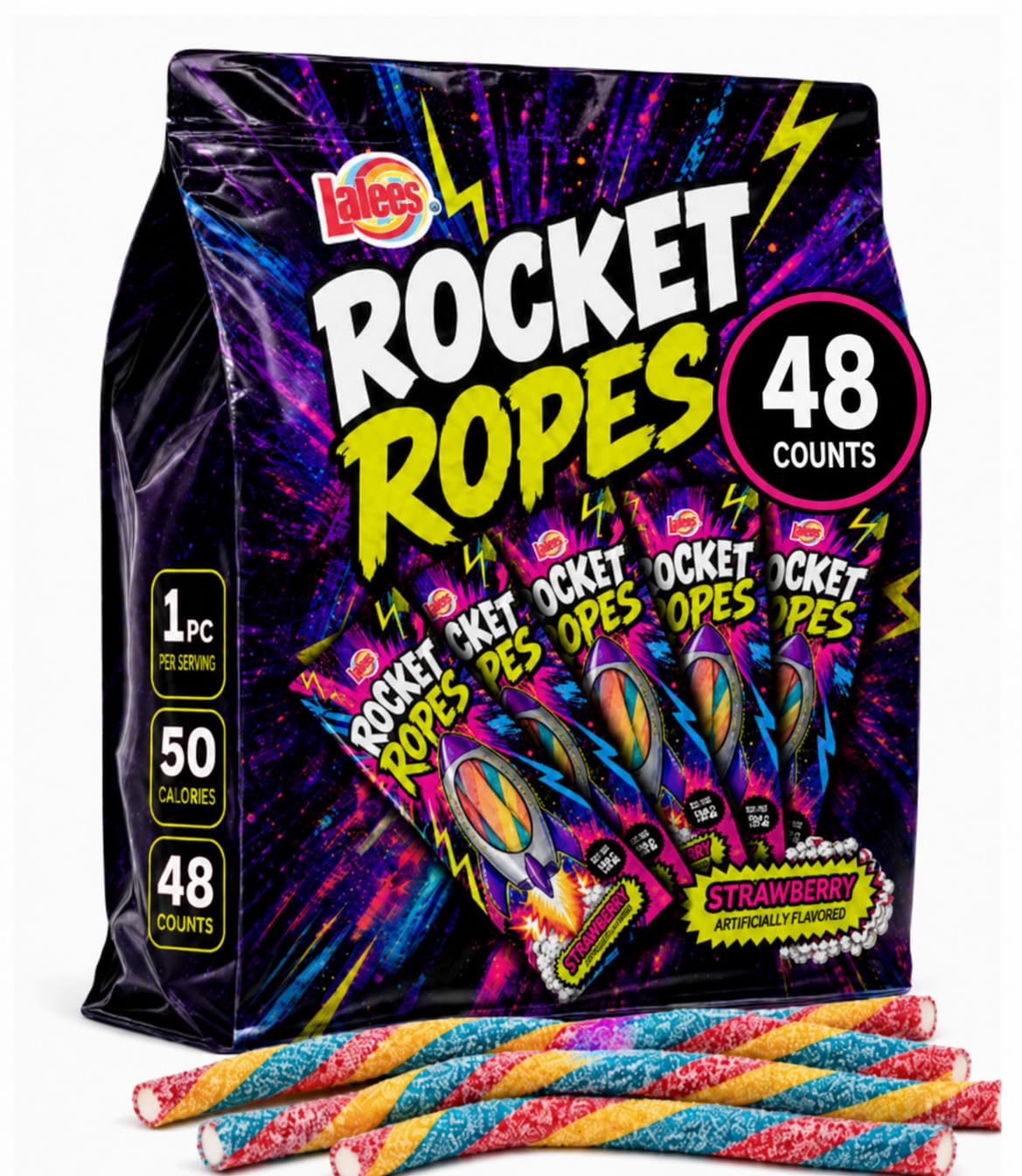 Lalees Rocket Ropes front packaging showing 48-count bulk convenience