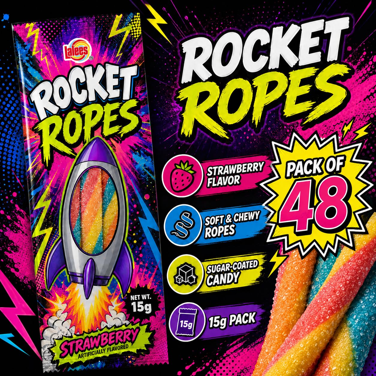 Lalees Rocket Ropes texture close-up highlighting chewy licorice exterior