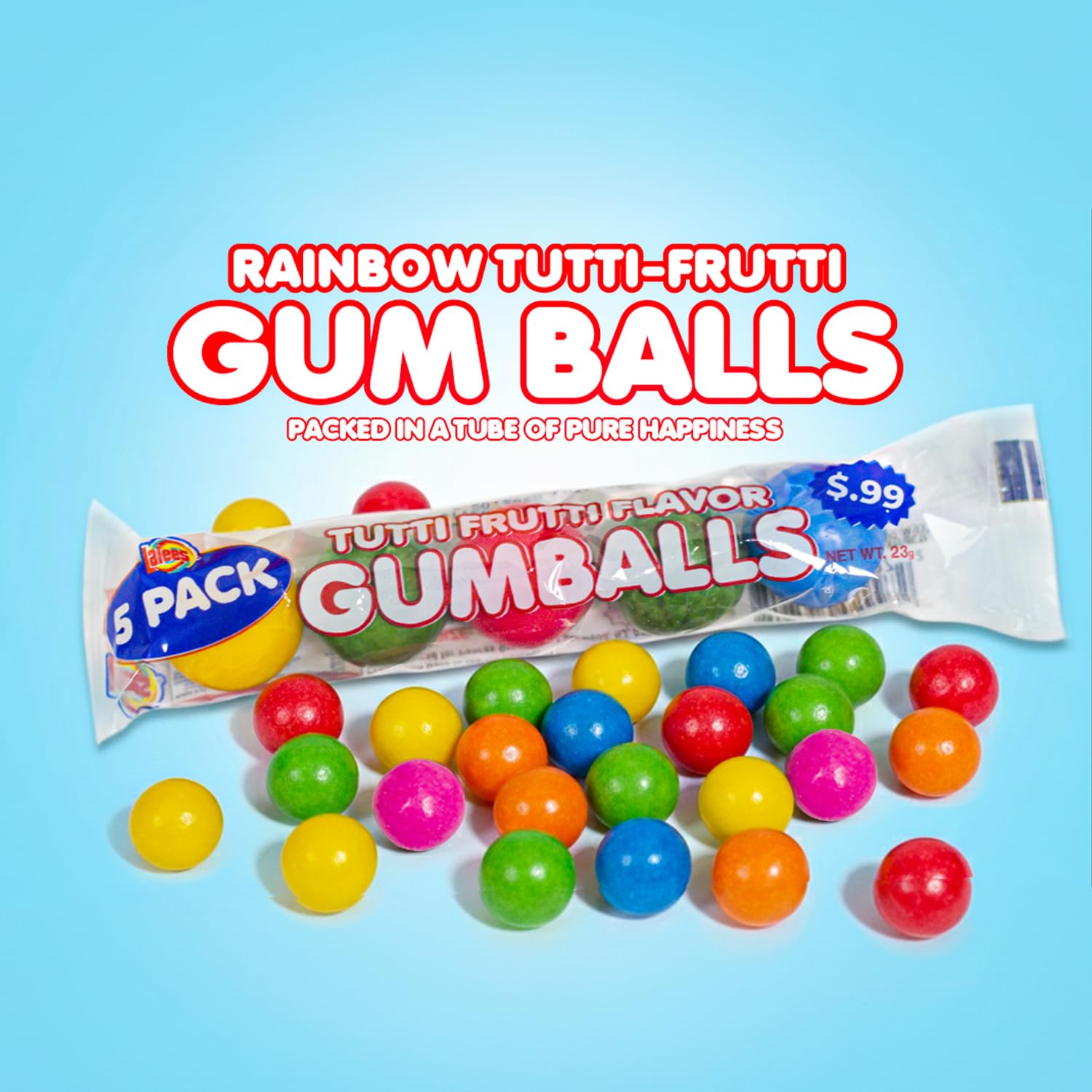 Lalees close-up of a tube with five gumballs showing vibrant colors and freshness