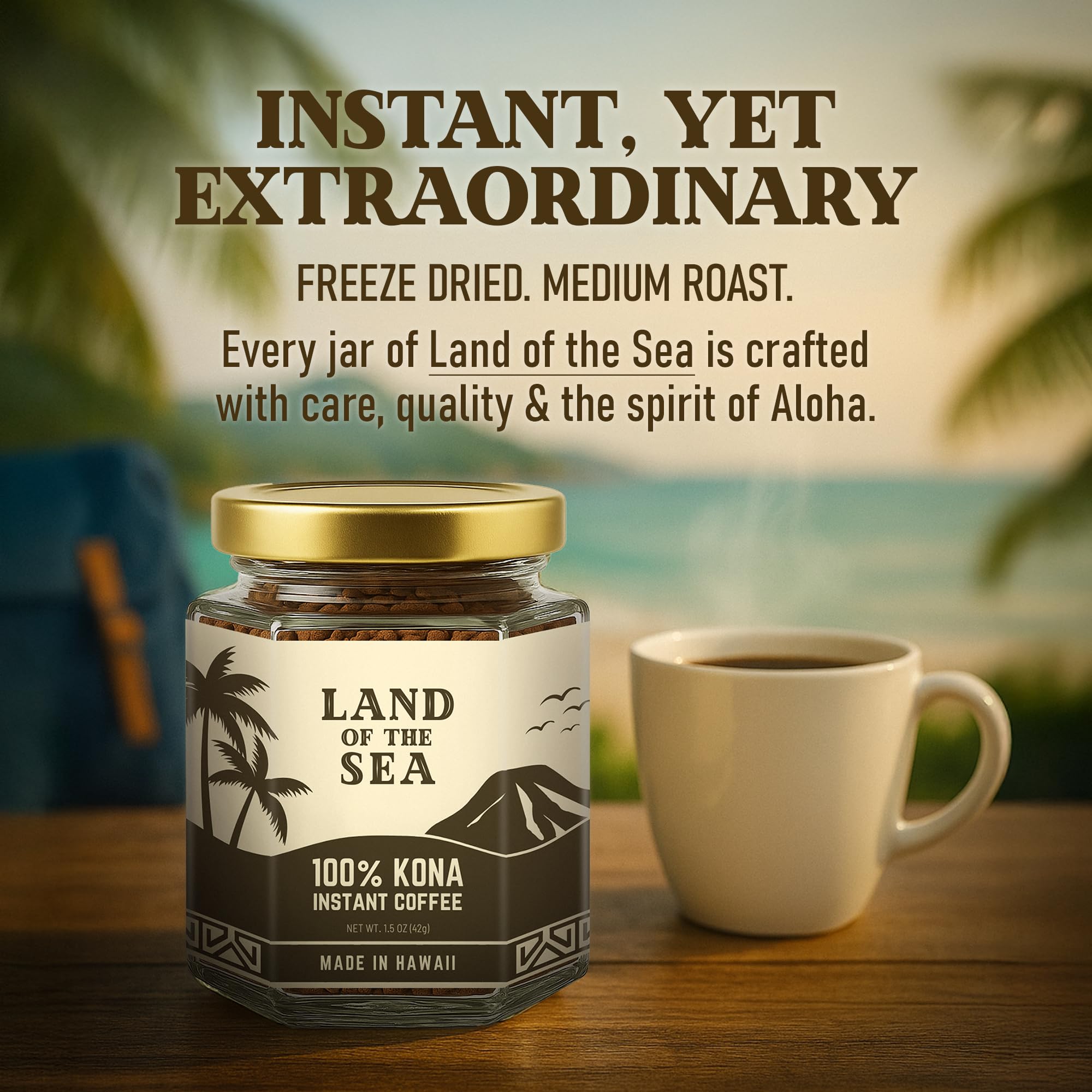 Land of the Sea mug on beach scene illustrating island flavor and easy travel