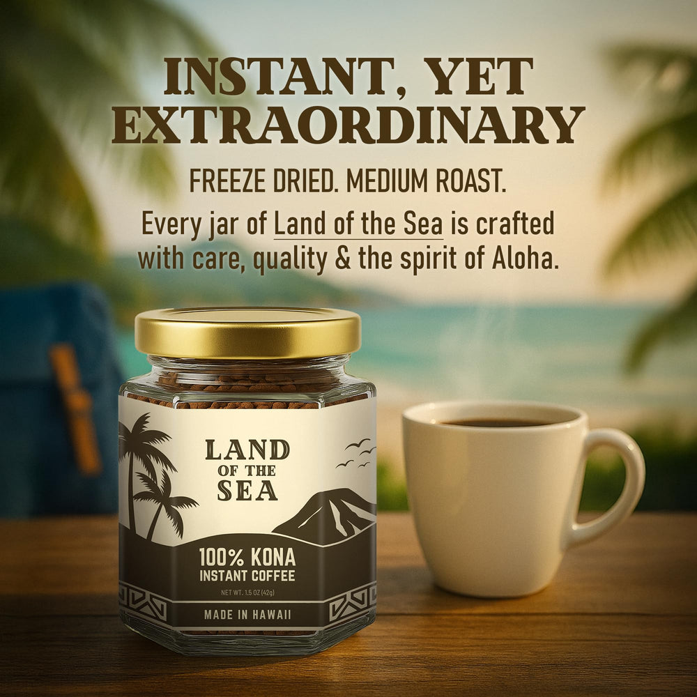 Land of the Sea mug on beach scene illustrating island flavor and easy travel