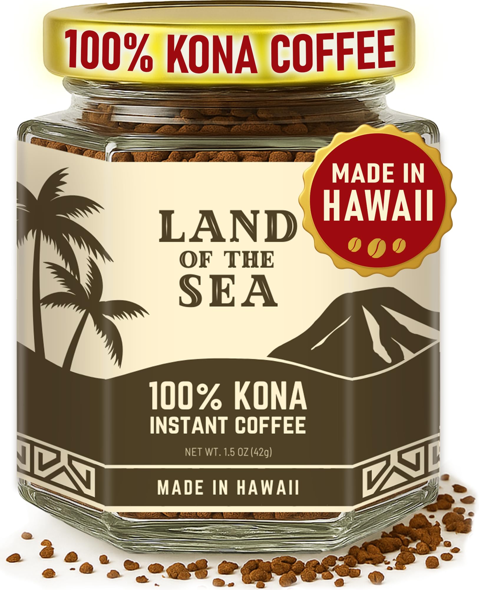 Land of the Sea jar front view showing premium Kona instant coffee and convenience